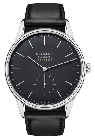 NOMOS Glashutte Orion Neomatik 39 Automatic Stainless Steel Black Dial Black Leather Strap Mens Watch 346 - Watches & Beyond