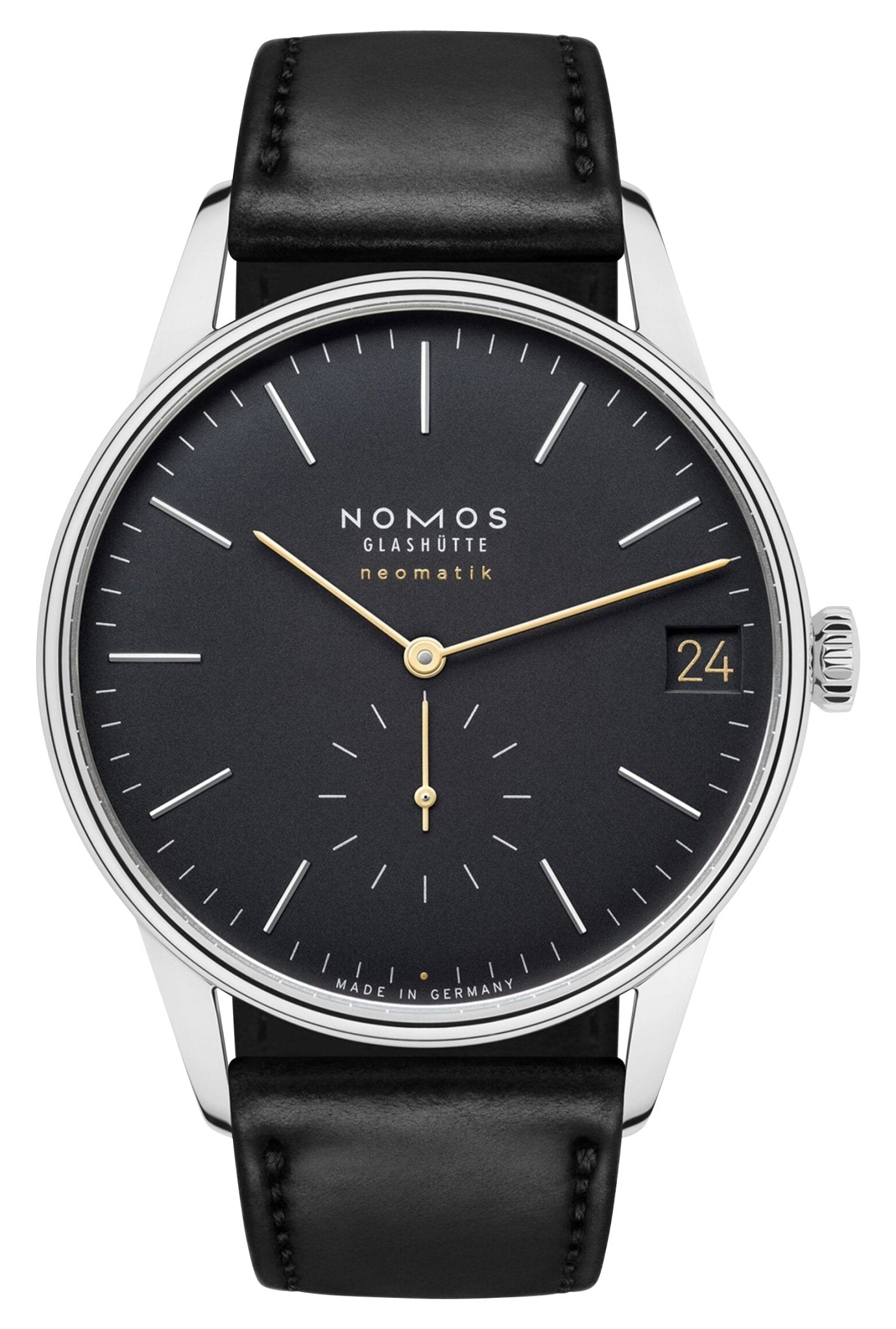 NOMOS Glashutte Orion Neomatik 41 Automatic Stainless Steel Black Dial Black Leather Strap Date Mens Watch 366 - Watches & Beyond