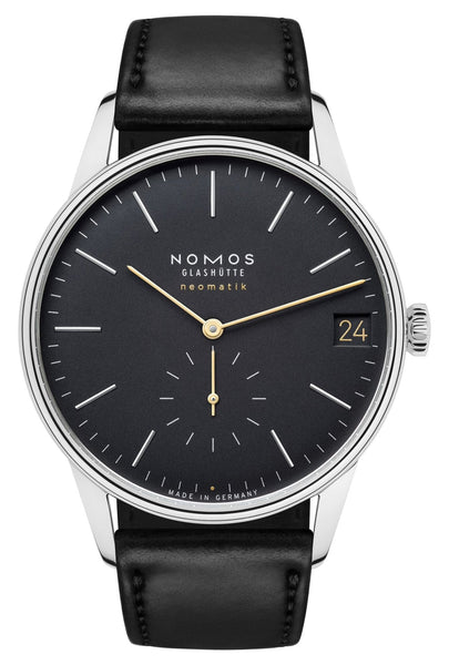 NOMOS Glashutte Orion Neomatik 41 Automatic Stainless Steel Black Dial Black Leather Strap Date Mens Watch 366 - Watches & Beyond