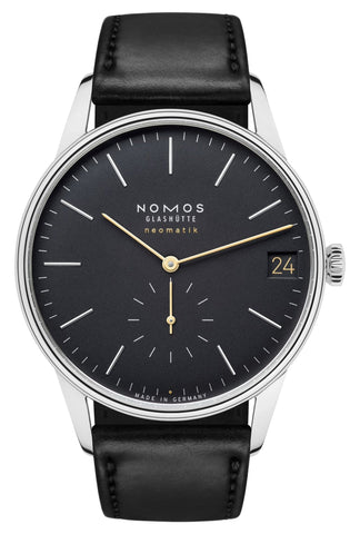 NOMOS Glashutte Orion Neomatik 41 Automatic Stainless Steel Black Dial Black Leather Strap Date Mens Watch 366 - Watches & Beyond