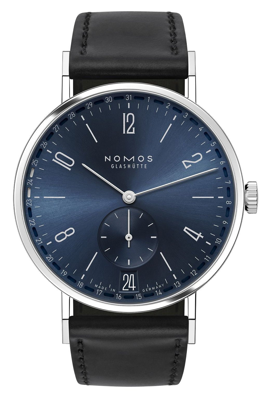 NOMOS Glashutte Tangente 2Date Manual Wind Stainless Steel Blue Dial Black Leather Strap Mens Watch 136 - Watches & Beyond