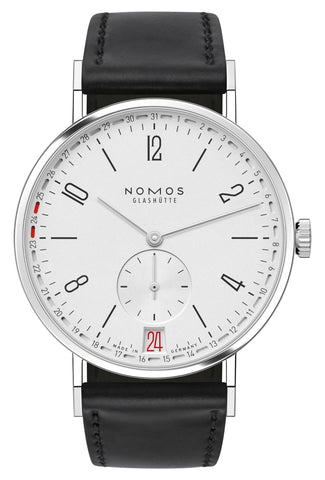 NOMOS Glashutte Tangente 2Date Manual Wind Stainless Steel White Dial Black Leather Strap Mens Watch 135 - Watches & Beyond