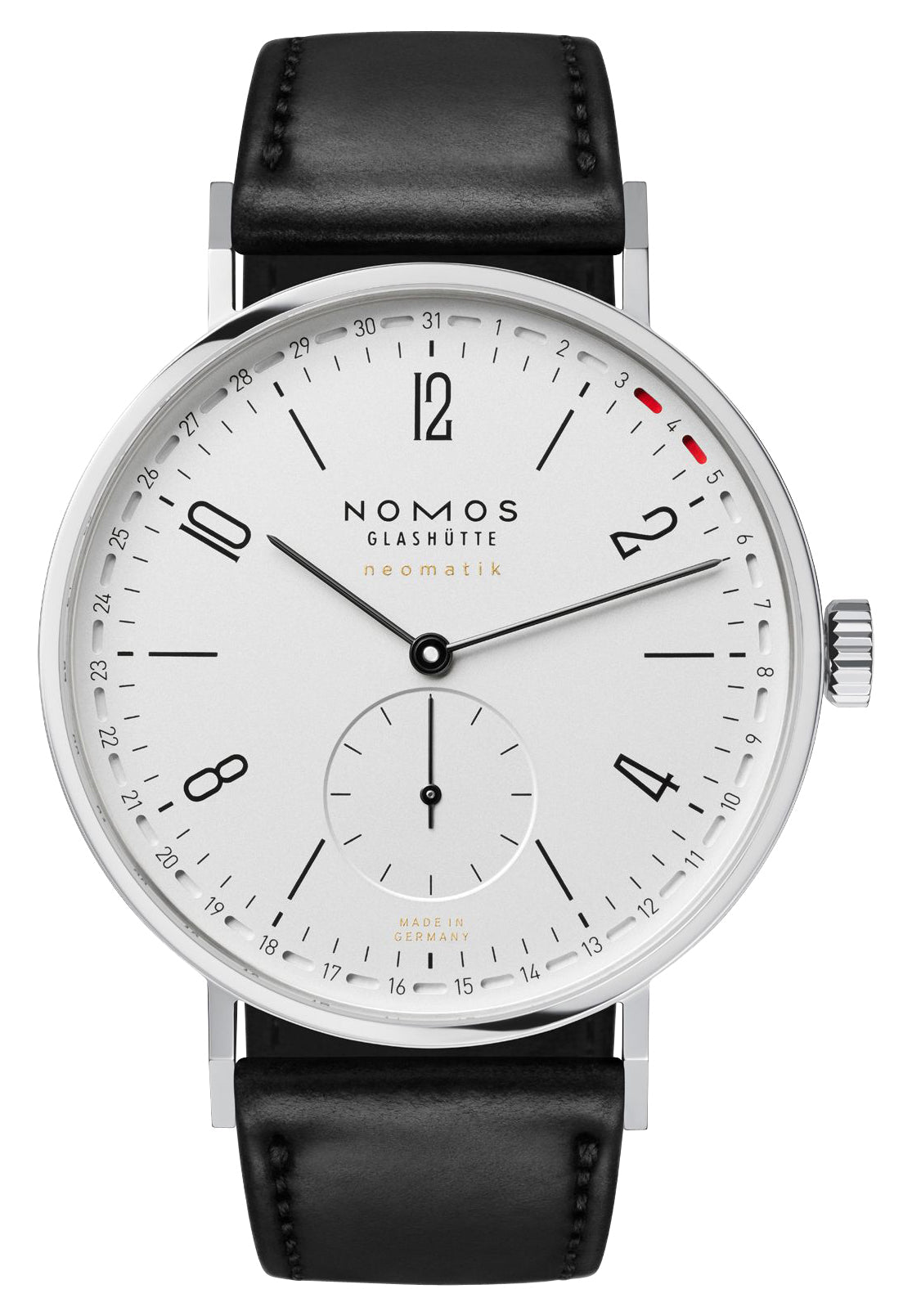 NOMOS Glashutte Tangente Neomatik 41 Update Automatic Stainless Steel White Dial Black Leather Strap Date Mens Watch 180 - Watches & Beyond