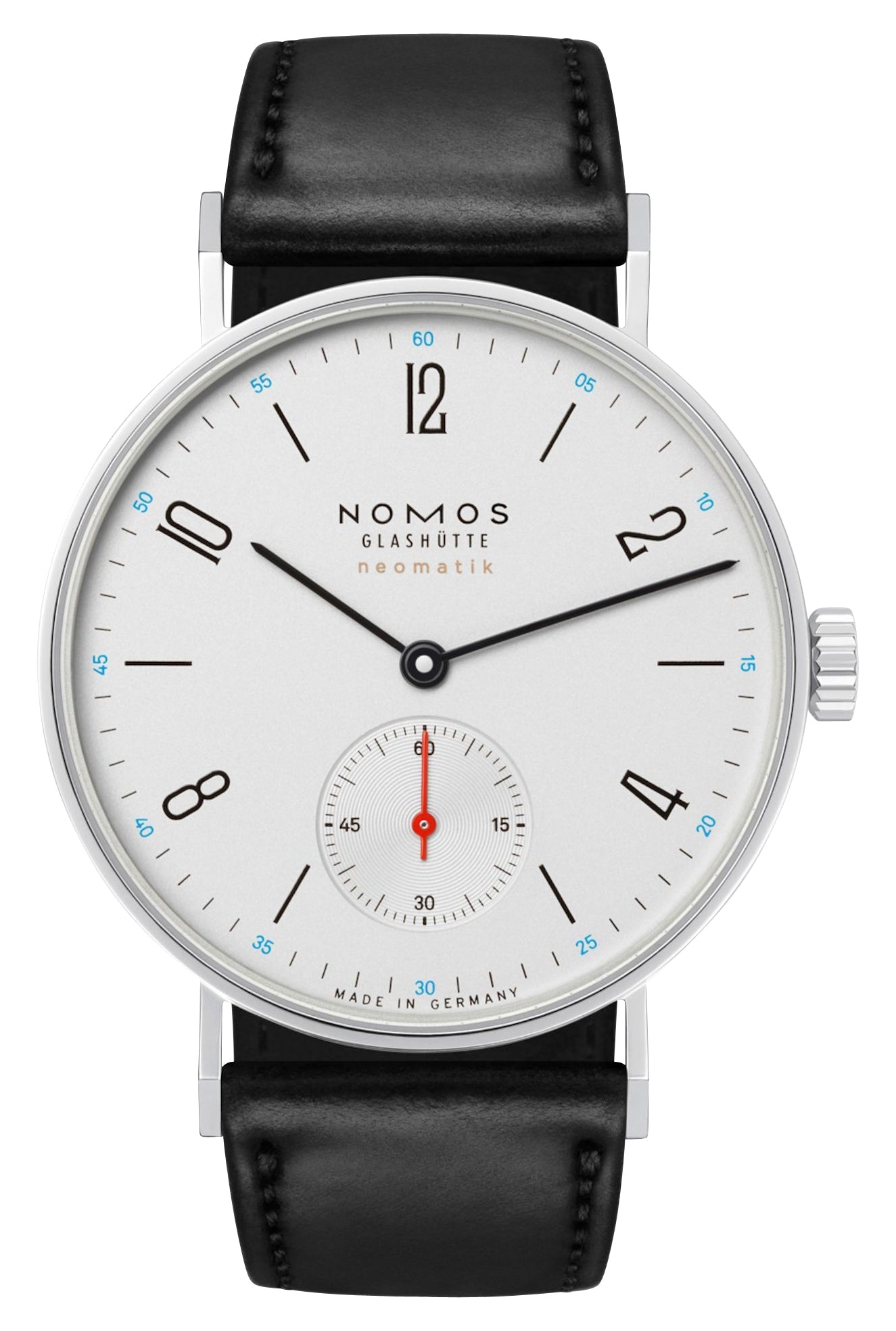 NOMOS Glashutte Tangente Neomatik Automatic Stainless Steel White Dial Black Leather Strap Unisex Watch 175 - Watches & Beyond