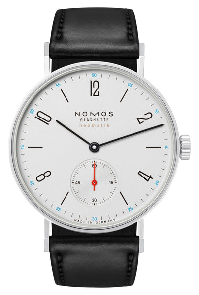 NOMOS Glashutte Tangente Neomatik Automatic Stainless Steel White Dial Black Leather Strap Unisex Watch 175 - Watches & Beyond