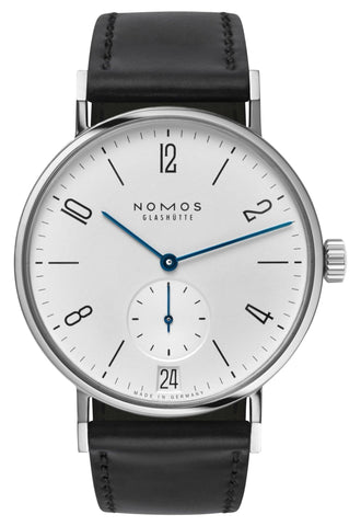NOMOS Glashutte Tangomat Date Automatic Stainless Steel White Dial Black Leather Strap Mens Watch 602 - Watches & Beyond