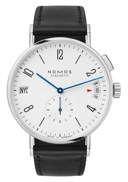 NOMOS Glashutte Tangomat GMT Automatic Stainless Steel White/Silver Dial Black Leather Strap Mens Watch 635 - Watches & Beyond