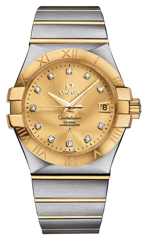 Omega Constellation Automatic Chronometer Stainless Steel & 18K Yellow Gold Champagne Dial Diamonds Date Unisex Watch 123.20.35.20.58.001 - WAB - Shipping Dept.