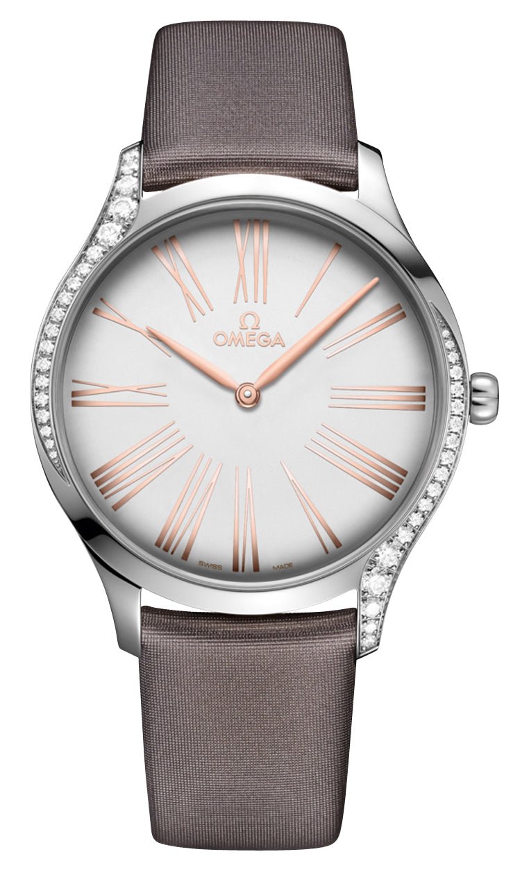 Omega De Ville Trésor Stainless Steel Silver Dial Gray Fabric Strap Diamonds Quartz Womens Watch 428.17.39.60.02.001 - WAB - Shipping Dept.