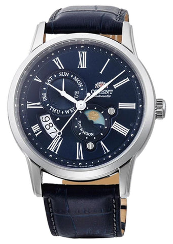 Orient Sun And Moon Version 3 Automatic Stainless Steel Blue Leather Strap Blue Dial Day - Date Mens Watch FAK00005D0 - WAB - Shipping Dept.