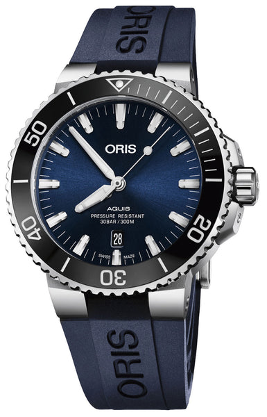 Oris Aquis Automatic Stainless Steel Blue Dial Blue Rubber Strap Date Divers Mens Watch 733 7730 4135 - 07 4 24 65EB - WAB - Shipping Dept.