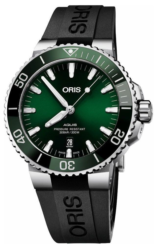 Oris Aquis Automatic Stainless Steel Green Dial Black Rubber Strap Date Divers Mens Watch 733 7766 4157 - 07 4 22 64FC - WAB - Shipping Dept.