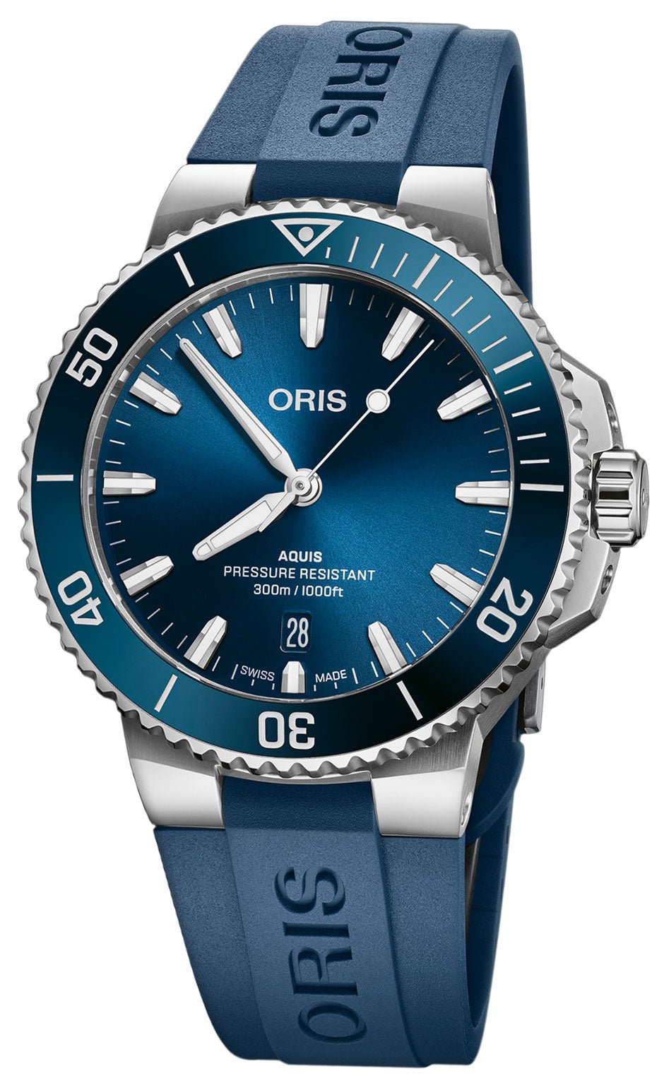 Oris Aquis Date Automatic Stainless Steel Blue Dial Blue Rubber Strap Divers Mens Watch 01 733 7787 4135 - 07 4 22 35FC - Watches & Beyond