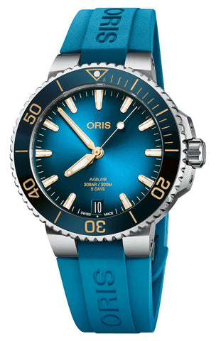 Oris Aquis Date Automatic Stainless Steel Blue Dial Blue Rubber Strap Divers Mens Watch 400 7769 4125 - 07 4 22 75FC - Watches & Beyond