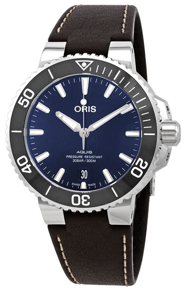 Oris Aquis Date Automatic Stainless Steel Blue Dial Brown Leather Strap Divers Mens Watch 01 733 7732 4135 - 07 5 21 10FC - WAB - Shipping Dept.