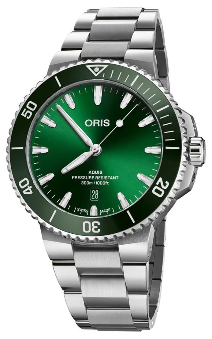 Oris Aquis Date Automatic Stainless Steel Green Dial Divers Mens Watch 733 7789 4157 - 07 8 23 04PEB - Watches & Beyond