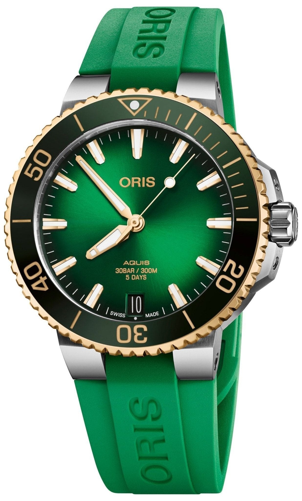 Oris Aquis Date Automatic Stainless Steel Green Dial Green Rubber Strap Divers Mens Watch 400 7769 6357 - 07 4 22 77FC - WAB - Shipping Dept.