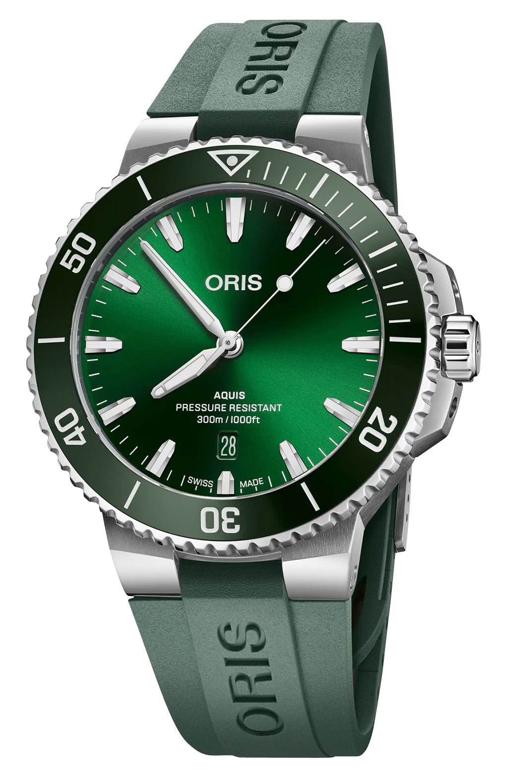 Oris Aquis Date Automatic Stainless Steel Green Dial Green Rubber Strap Divers Mens Watch 733 7789 4157 - 07 4 23 37FC - Watches & Beyond