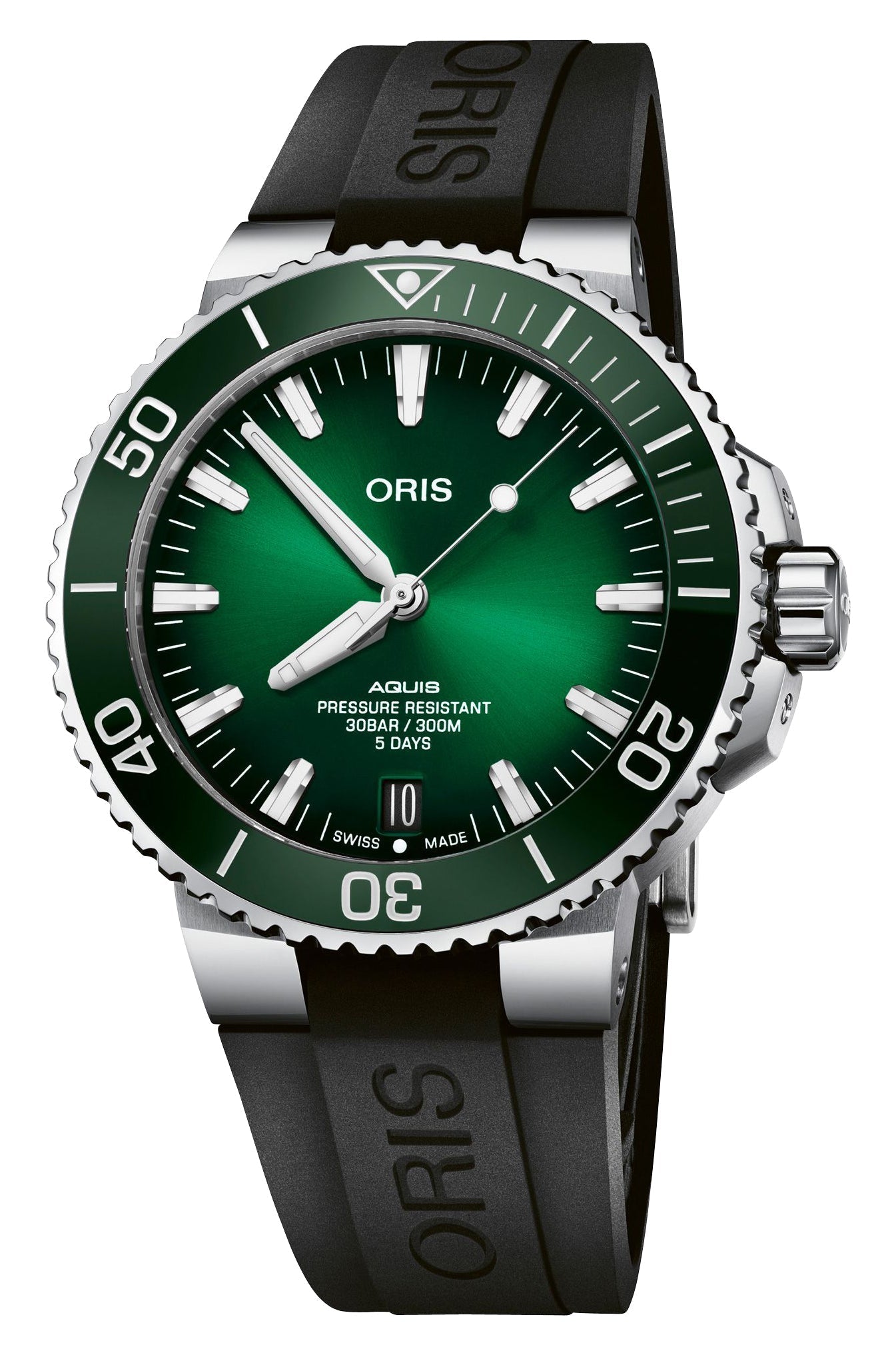 Oris Aquis Date Calibre 400 Automatic Stainless Steel Green Dial Black Rubber Strap Divers Mens Watch 400 7763 4157 - 07 4 24 74EB - Watches & Beyond