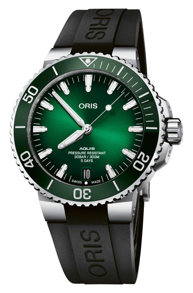 Oris Aquis Date Calibre 400 Automatic Stainless Steel Green Dial Black Rubber Strap Divers Mens Watch 400 7763 4157 - 07 4 24 74EB - Watches & Beyond