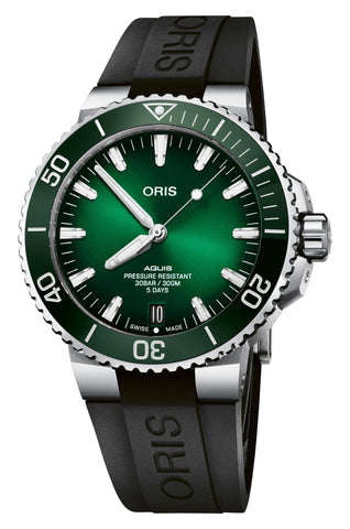 Oris Aquis Date Calibre 400 Automatic Stainless Steel Green Dial Black Rubber Strap Divers Mens Watch 400 7763 4157 - 07 4 24 74EB - Watches & Beyond
