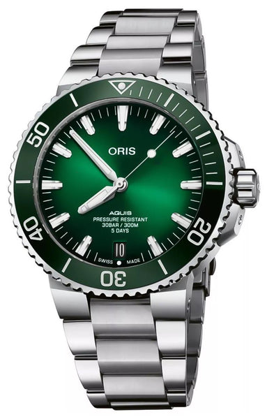 Oris Aquis Date Calibre 400 Automatic Stainless Steel Green Dial Divers Mens Watch 400 7763 4157 - 07 8 24 09PEB - Watches & Beyond