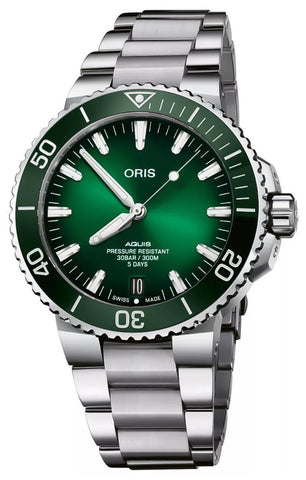 Oris Aquis Date Calibre 400 Automatic Stainless Steel Green Dial Divers Mens Watch 400 7763 4157 - 07 8 24 09PEB - Watches & Beyond
