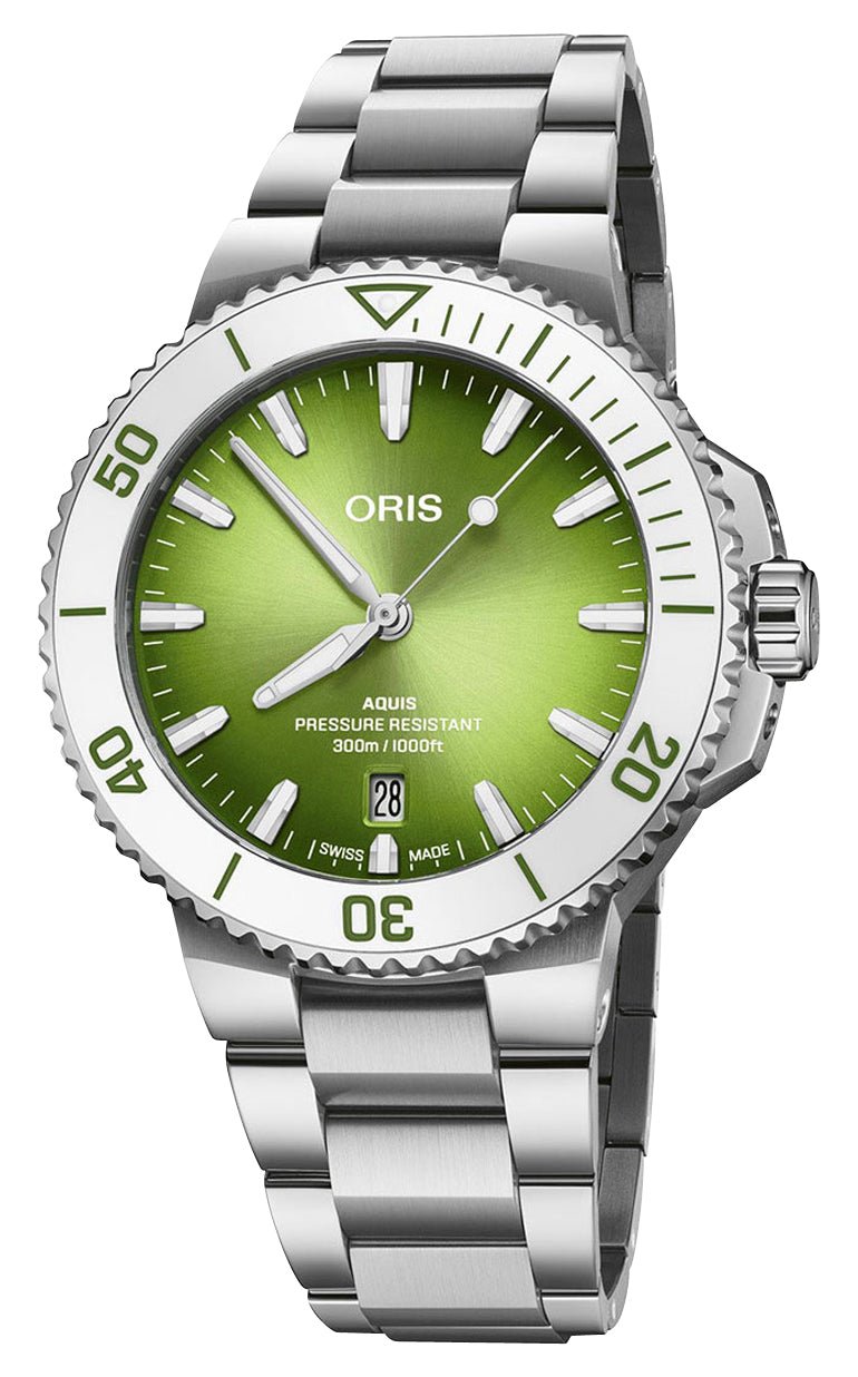 Oris Aquis Date Taste Of Summer Automatic Stainless Steel Green Dial Divers Mens Watch 733 7787 4137 - 07 8 22 04PEB - Watches & Beyond