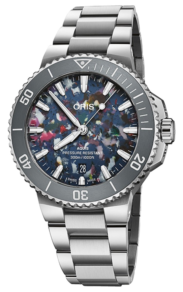 Oris Aquis Date Upcycle Automatic Stainless Steel Multicolored Dial Divers Mens Watch 733 7787 4150 - 07 8 22 04PEB - Watches & Beyond