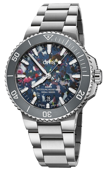 Oris Aquis Date Upcycle Automatic Stainless Steel Multicolored Dial Divers Mens Watch 733 7787 4150 - 07 8 22 04PEB - Watches & Beyond