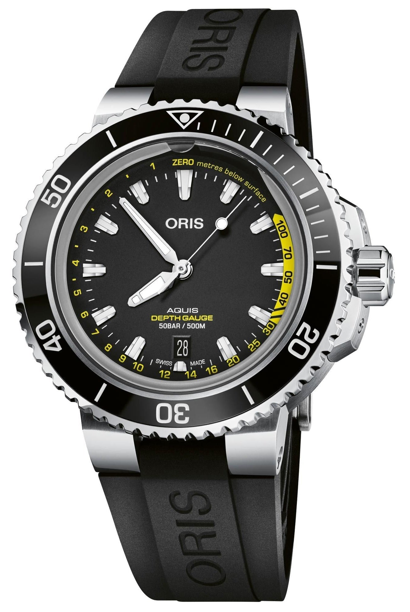 Oris Aquis Depth Gauge Automatic Stainless Steel Black Dial Black Rubber Strap Date Divers Mens Watch 733 7755 4154 - Set RS - WAB - Shipping Dept.