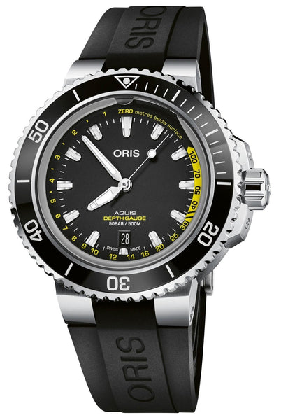 Oris Aquis Depth Gauge Automatic Stainless Steel Black Dial Black Rubber Strap Date Divers Mens Watch 733 7755 4154 - Set RS - WAB - Shipping Dept.