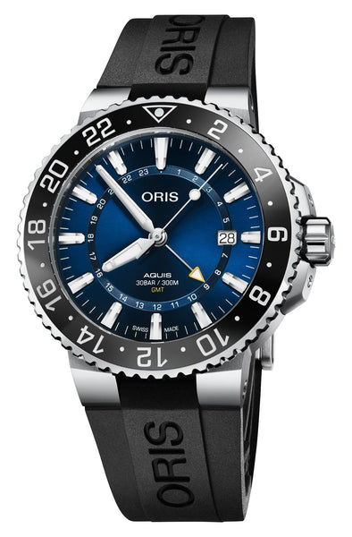 Oris Aquis GMT Date Automatic Stainless Steel Blue Dial Black Rubber Strap Divers Mens Watch 798 7754 4135 - 07 4 24 64EB - Watches & Beyond