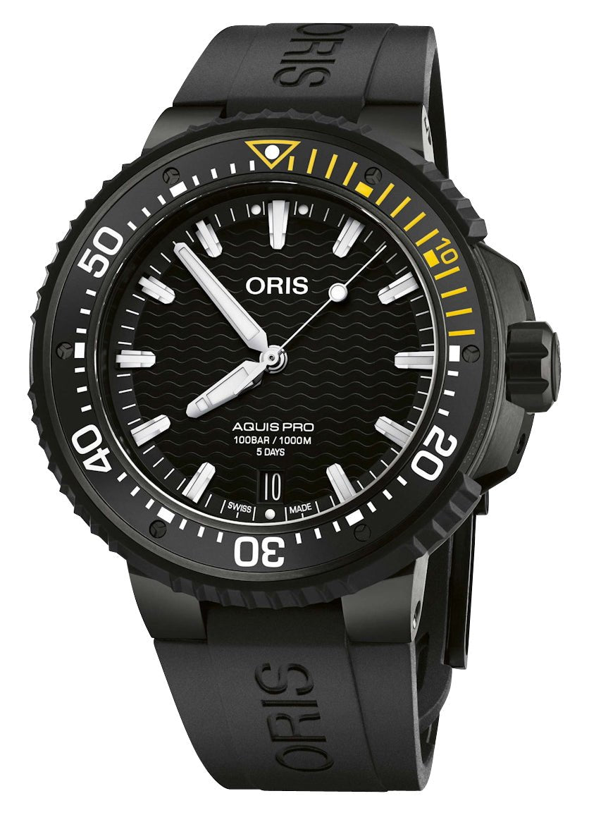 Oris AquisPro Date Calibre 400 Automatic Black DLC Titanium Black Dial Black Rubber Strap Divers Mens Watch 400 7767 7754 - 07 426 64BTEB - Watches & Beyond