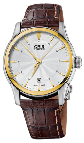 Oris Artelier Automatic Two - Tone Stainless Steel Case Brown Leather Strap Silver - Tone Dial Date Mens Watch 733 7670 4351 - LS - WAB - Shipping Dept.