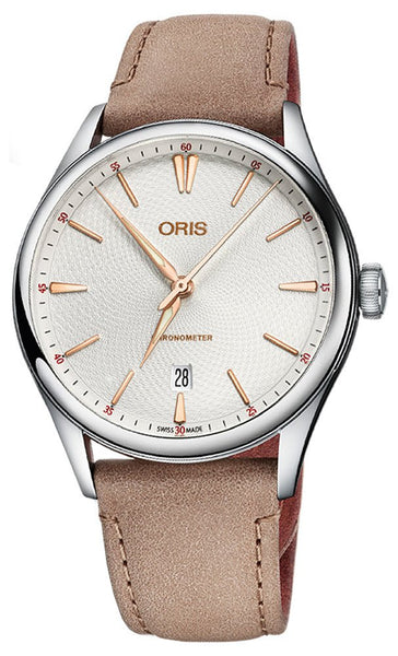 Oris Artelier Chronometer Automatic Stainless Steel Beige Leather Strap Silver Dial Date Mens Watch 737 7721 4031 - 07 5 21 32FC - WAB - Shipping Dept.