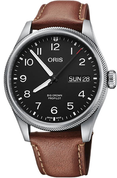 Oris Big Crown ProPilot Automatic Stainless Steel Black Dial Brown Leather Strap Day/Date Mens Watch 752 7760 4164 - 07 5 22 07LC - WAB - Shipping Dept.