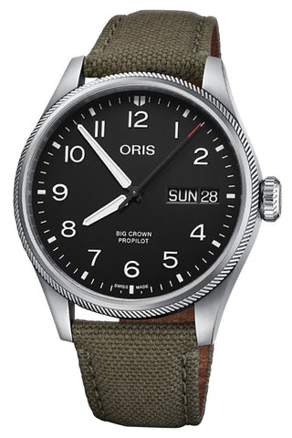 Oris Big Crown ProPilot Automatic Stainless Steel Black Dial Green Textile Strap Day/Date Mens Watch 752 7760 4164 - 07 3 22 02LC - WAB - Shipping Dept.