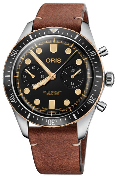 Oris Divers Sixty - Five Automatic Chronograph Stainless Steel Brown Leather Strap Black Dial Mens Watch 771 7744 4354 - LS - WAB - Shipping Dept.