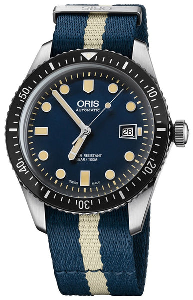 Oris Divers Sixty - Five Automatic Stainless Steel Blue Dial Blue/Beige Textile Strap Date Mens Watch 733 7720 4055 - 07 5 21 29FC - Watches & Beyond