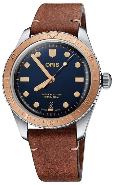 Oris Divers Sixty - Five Automatic Stainless Steel & Bronze Brown Leather Strap Blue Dial Date Mens Watch 733 7707 4355 - 07 5 20 45 - WAB - Shipping Dept.