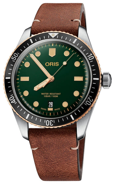 Oris Divers Sixty - Five Automatic Stainless Steel & Bronze Green Dial Brown Leather Strap Date Mens Watch 733 7707 4357 - 07 5 20 45 - Watches & Beyond