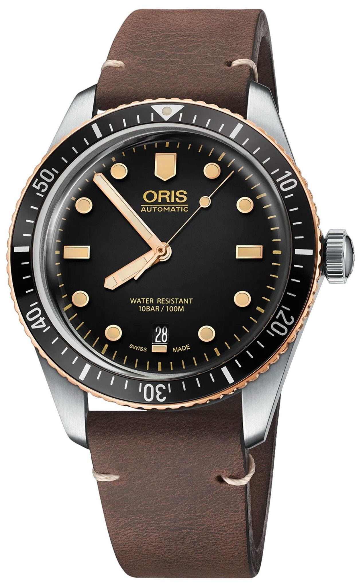 Oris Divers Sixty - Five Automatic Stainless Steel Brown Leather Strap Black Dial Date Mens Watch 01 733 7707 4354 - 07 5 20 55 - Watches & Beyond