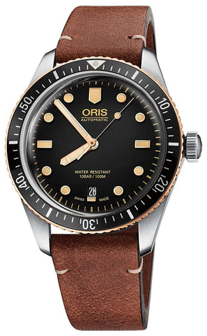 Oris Divers Sixty - Five Automatic Stainless Steel Brown Leather Strap Black Dial Date Mens Watch 733 7707 4354 - 07 5 20 45 - WAB - Shipping Dept.