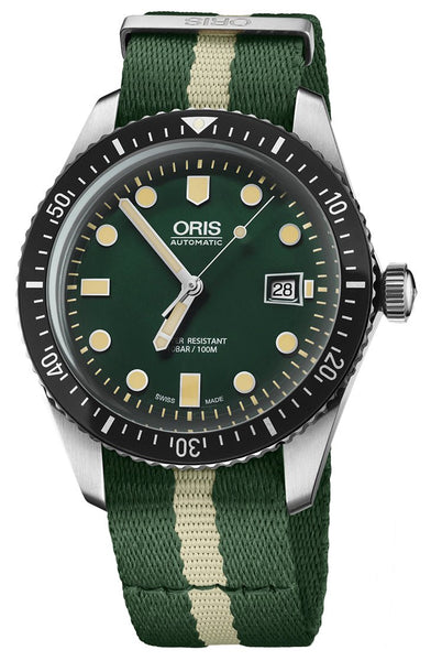 Oris Divers Sixty - Five Automatic Stainless Steel Green Dial Green/Beige Textile Strap Date Mens Watch 733 7720 4057 - 07 5 21 24FC - Watches & Beyond