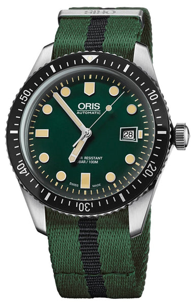 Oris Divers Sixty - Five Automatic Stainless Steel Green Dial Green/Black Textile Strap Date Mens Watch 733 7720 4057 - 07 5 21 25FC - Watches & Beyond