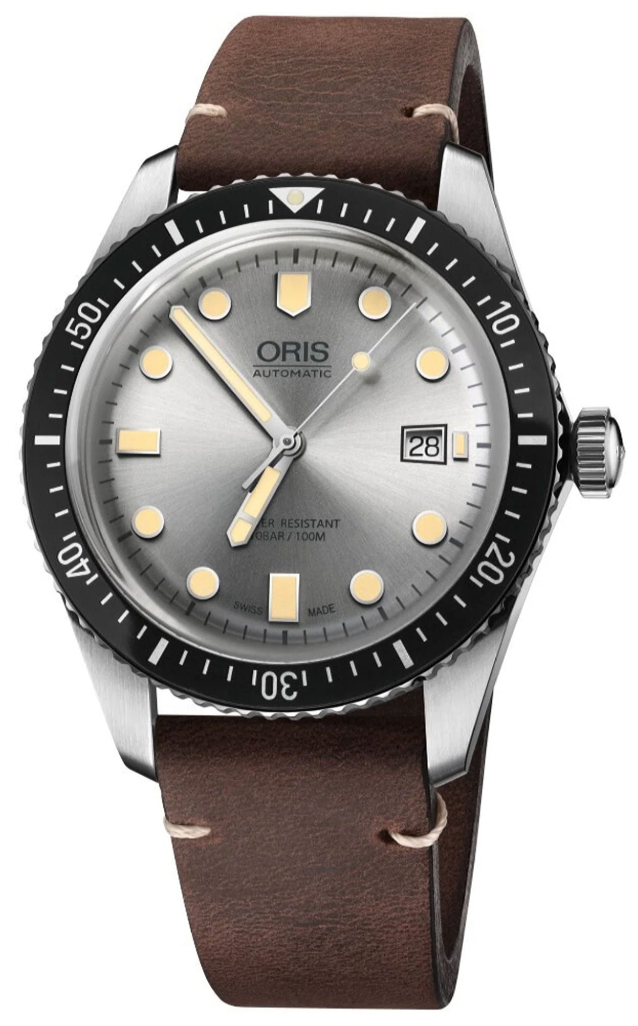 Oris Divers Sixty - Five Automatic Stainless Steel Silver Dial Brown Leather Strap Date Mens Watch 733 7720 4051 - 07 5 21 44 - WAB - Shipping Dept.