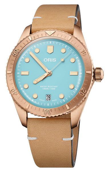 Oris Divers Sixty - Five Cotton Candy Automatic Bronze Blue Dial Brown Leather Strap Date Unisex Watch 733 7771 3155 - 07 5 19 04BR - Watches & Beyond