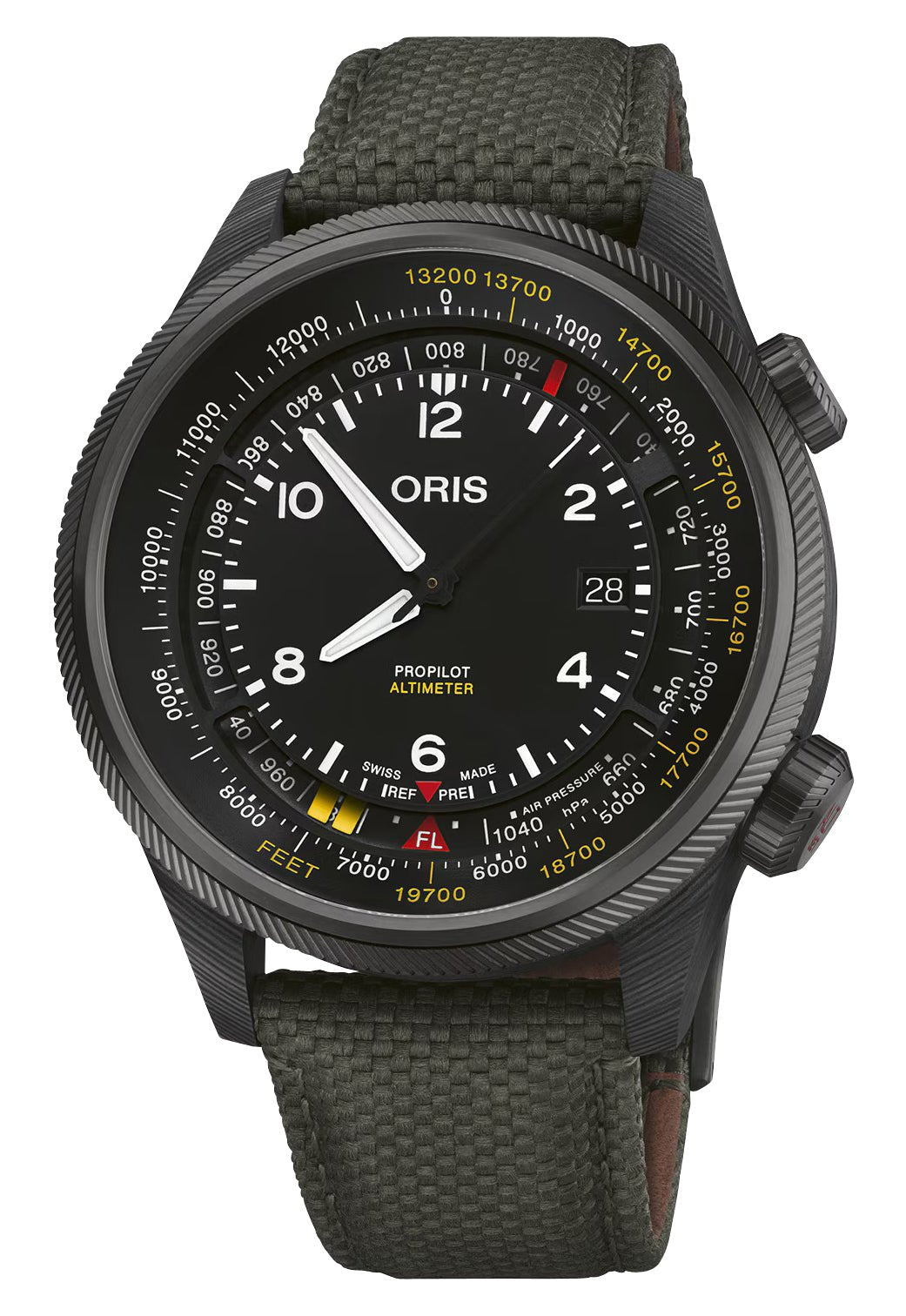 Oris ProPilot Altimeter Automatic Carbon Fiber/Titanium Black Dial Green Textile Strap Date Mens Watch 793 7775 8734 - Set - Watches & Beyond