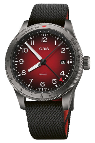 Oris ProPilot GMT Automatic Gray PVD Red Dial Black Textile Strap Date Mens Watch 798 7773 4268 - 07 3 20 14GLC - Watches & Beyond